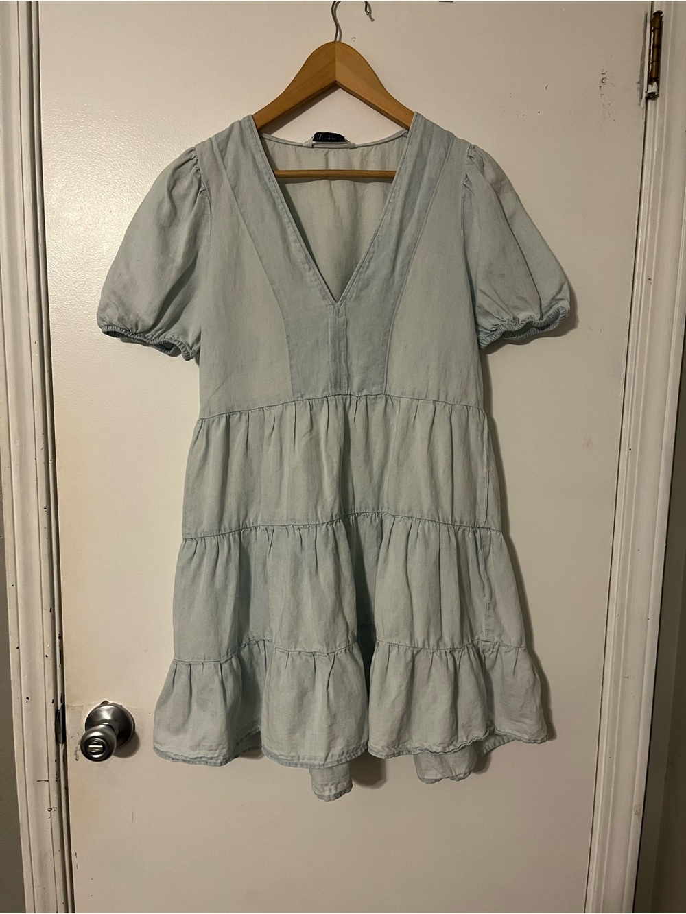 Zara Light Blue Tiered V-Neck Mini Dress